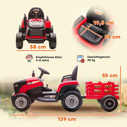 Dětský elektrický traktor 12V s dálkovým ovládáním, vlečka, červená