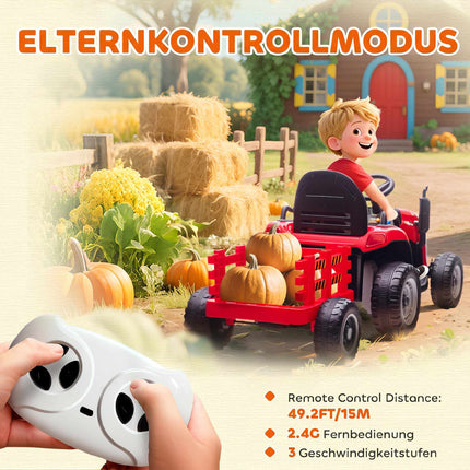 Dětský elektrický traktor 12V s dálkovým ovládáním, vlečka, červená