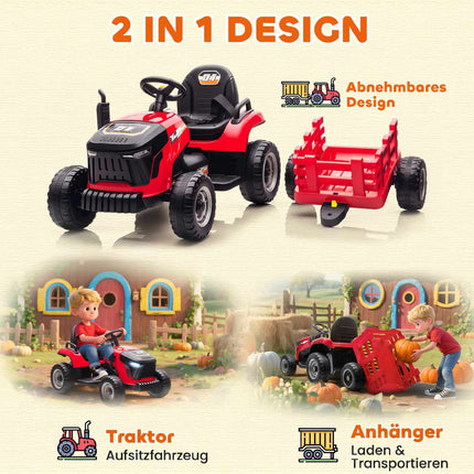 Dětský elektrický traktor 12V s dálkovým ovládáním, vlečka, červená