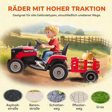 Dětský elektrický traktor 12V s dálkovým ovládáním, vlečka, červená