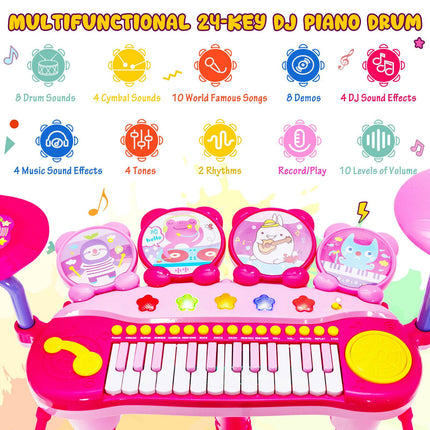 Dětský keyboard s 24 klávesami a bicí, mikrofon, MP3, stolička