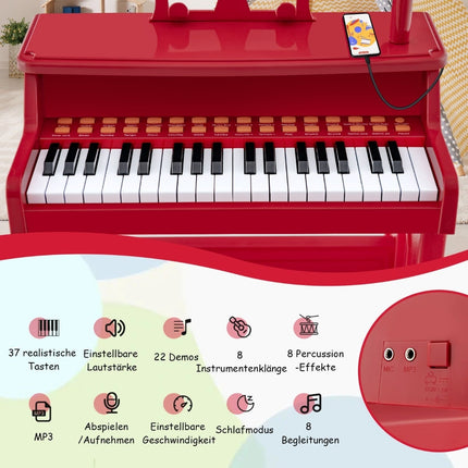 Dětský keyboard s 37 klávesami, mikrofonem a stoličkou, červený