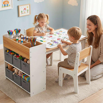 Kids Art Table & Chair Set with Storage Bins – Natural Wood