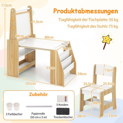 Dětský kreslicí stolek se židlí, malířský stojan, tabule na fixy a křídu