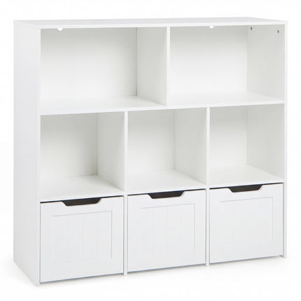Dětská knihovnička s organizérem, 5 přihrádek, 3 pojízdné boxy, bílá