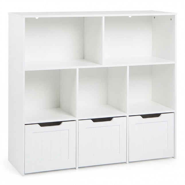 Dětská knihovnička s organizérem, 5 přihrádek, 3 pojízdné boxy, bílá