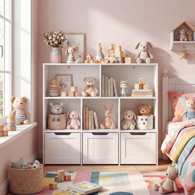Dětská knihovnička s organizérem, 5 přihrádek, 3 pojízdné boxy, bílá