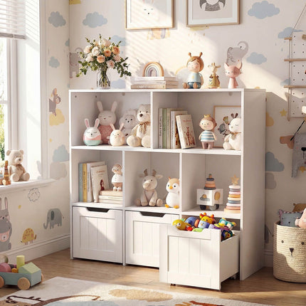Dětská knihovnička s organizérem, 5 přihrádek, 3 pojízdné boxy, bílá