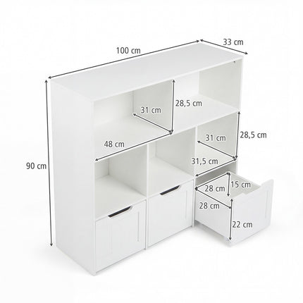 Dětská knihovnička s organizérem, 5 přihrádek, 3 pojízdné boxy, bílá