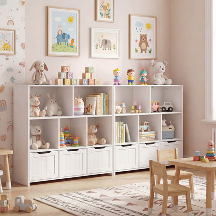 Dětská knihovnička s organizérem, 5 přihrádek, 3 pojízdné boxy, bílá