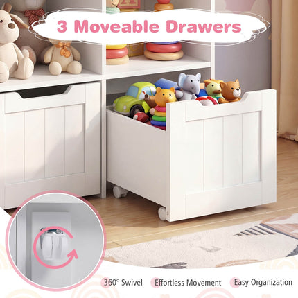 Dětská knihovnička s organizérem, 5 přihrádek, 3 pojízdné boxy, bílá