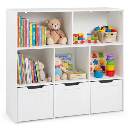 Dětská knihovnička s organizérem, 5 přihrádek, 3 pojízdné boxy, bílá