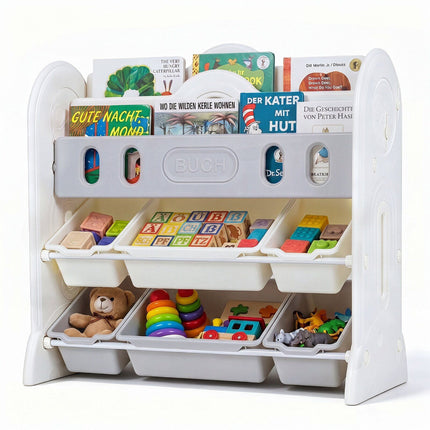 Kids Bookshelf & Toy Organizer with Bins, White/Gray