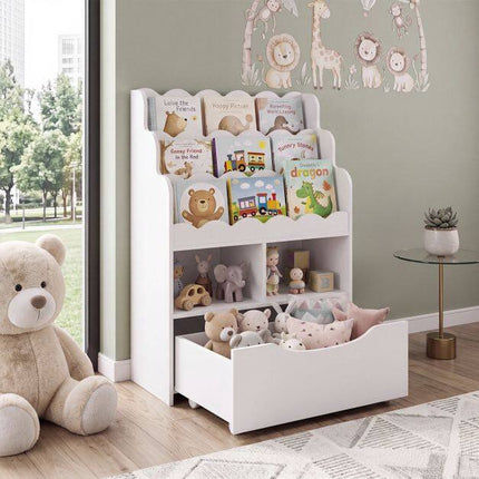 Kids Bookshelf with 5-Tier Storage and Rolling Drawer
