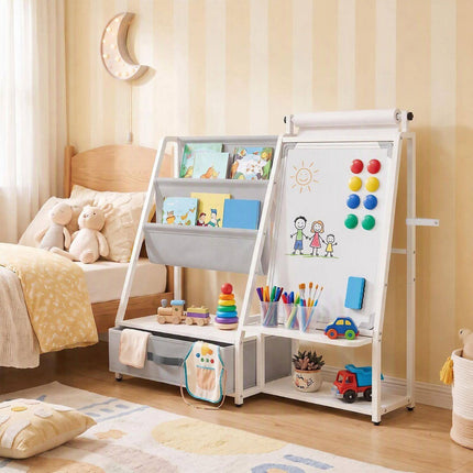 Kids Bookshelf with Art Easel and Magnetic Whiteboard, Toy Organizer, Gray