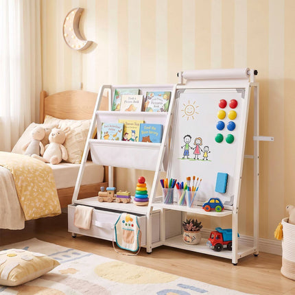 Kids Bookshelf with Art Easel and Magnetic Whiteboard, Toy Organizer, White