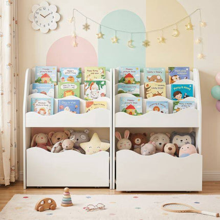 Kids Bookshelf with Rolling Storage Drawer – White