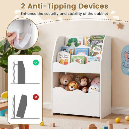 Kids Bookshelf with Rolling Storage Drawer – White
