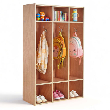 Kids Coat Locker, 3-Section Wood Cubby with 6 Hooks