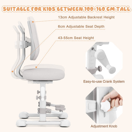 Kids Desk Chair, Adjustable Backrest and Footrest, Grey