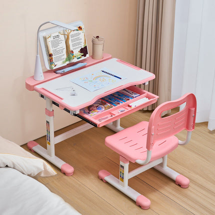 Kids Desk and Chair Set, Height Adjustable, Tilt Top, Pink