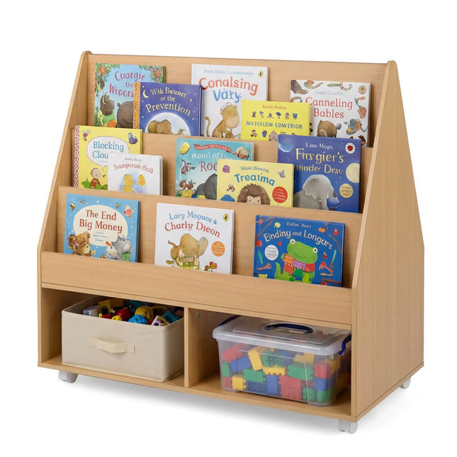 Dubbelzijdige kinderboekenplank op wielen met krijtbord