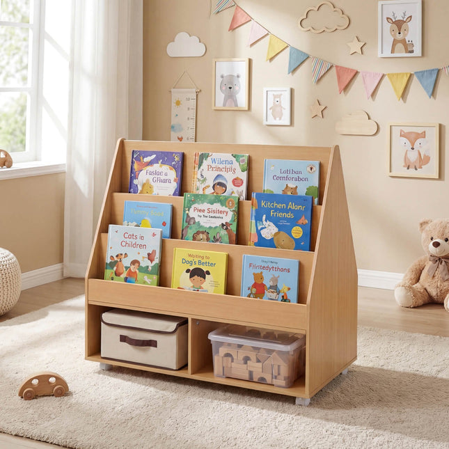 Dubbelzijdige kinderboekenplank op wielen met krijtbord
