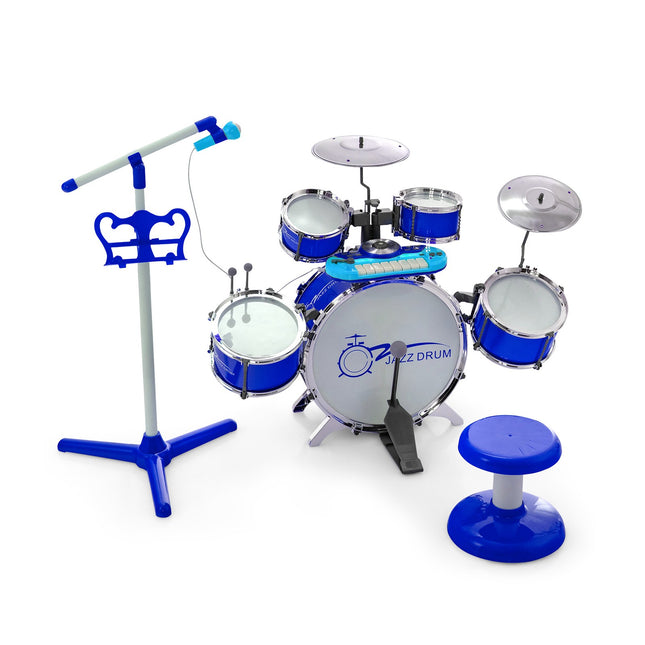 Kids Drum Set with 8-Key Keyboard, Mic Stand, Stool, Blue