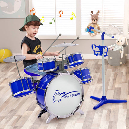 Dětská sada bicích s keyboardem s 8 klávesami, stojan na mikrofon, stolička, modrá