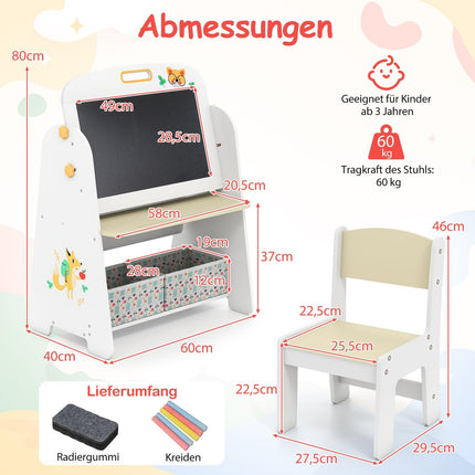 Dětský malířský stojan se židlí, magnetická tabule a tabule na křídu
