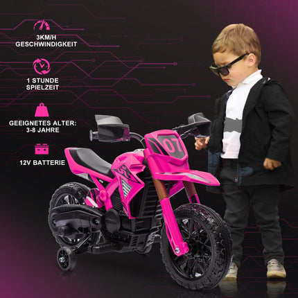Dětská elektrická motorka 12V s pomocnými kolečky, růžová