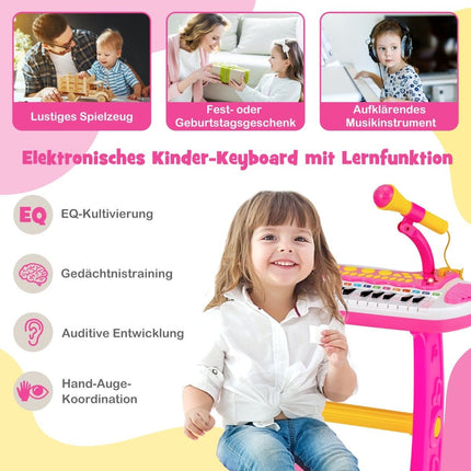 Dětský keyboard se stoličkou a mikrofonem, 31 kláves, růžový
