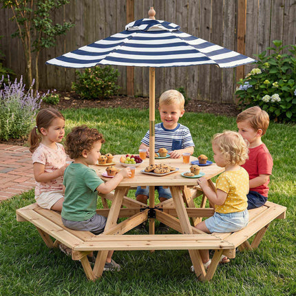 Kids Hexagonal Picnic Table with Umbrella – Natural Wood