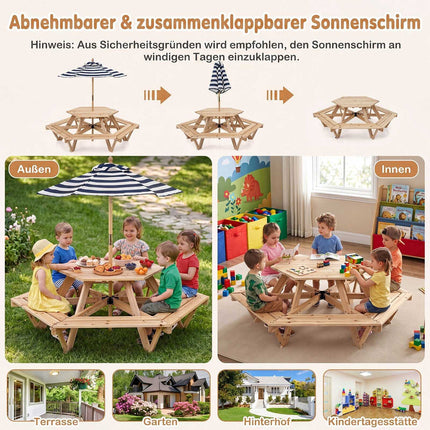Kids Hexagonal Picnic Table with Umbrella – Natural Wood
