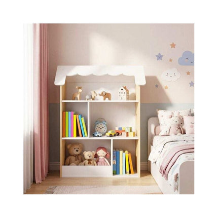 Kids House Bookshelf with 5 Open Compartments, Anti-Tip Device, White/Natural