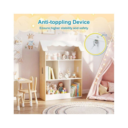 Kids House Bookshelf with 5 Open Compartments, Anti-Tip Device, White/Natural