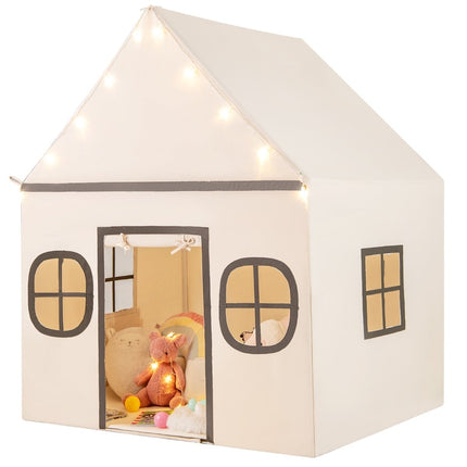 Kids Indoor Playhouse Tent with Star Lights, Beige & Black