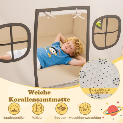 Kids Indoor Playhouse Tent with Star Lights, Beige & Black