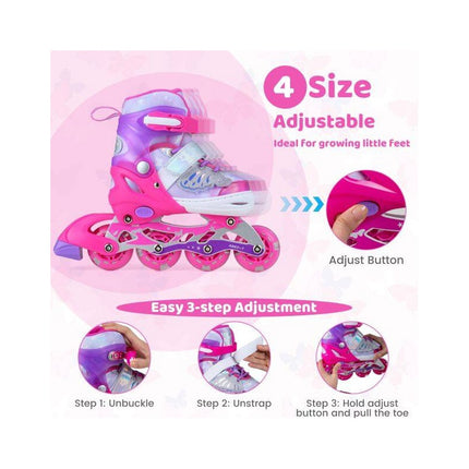 Kids Inline Skates Adjustable 4 Sizes with Light-Up Wheels, Pink, Size S 30-33