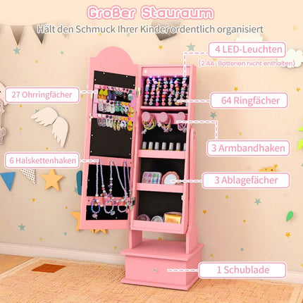 Kids Jewelry Cabinet with Mirror and LED Lights, Pink