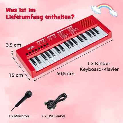Dětský keyboard, 37 kláves, 8 rytmů, červený, s mikrofonem