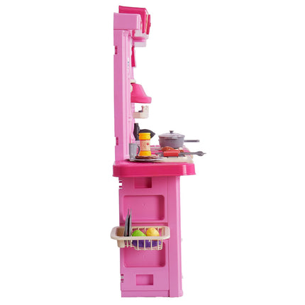 Kids Kitchen Playset 3-in-1, 74-Piece, Lights Sounds, Pink