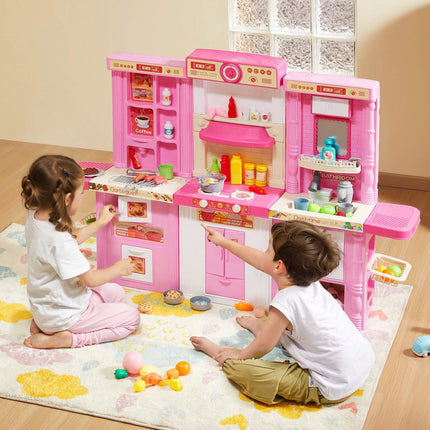 Kids Kitchen Playset 3-in-1, 74-Piece, Lights Sounds, Pink