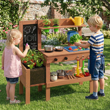 Kids Mud Kitchen with Planter Box, Sink, and 13 Accessories