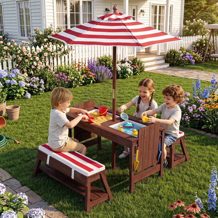 Kids Outdoor Wooden Picnic Table Set with Umbrella