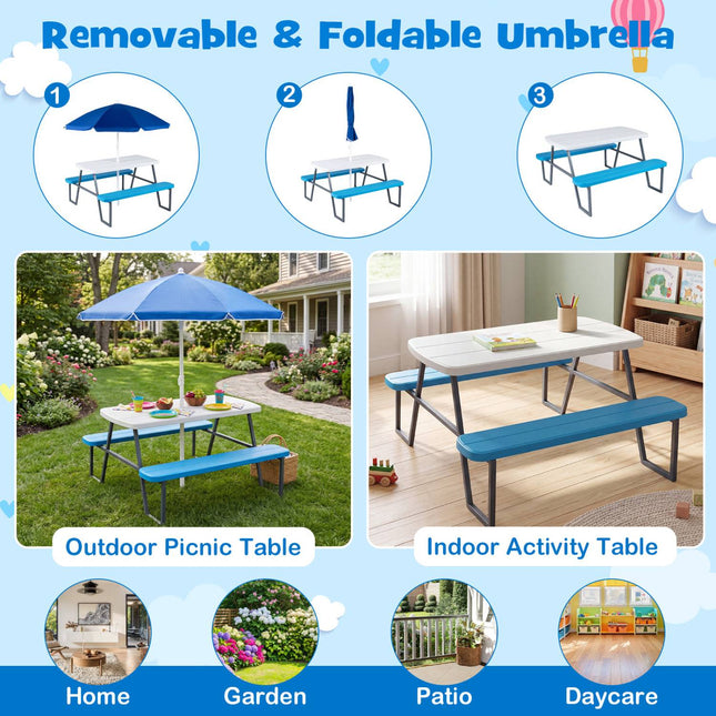 Dětský piknikový stůl s nastavitelným slunečníkem, modrý