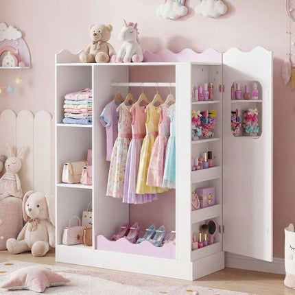 Kids Pink Dress Up Storage with Mirror and Hanging Rack