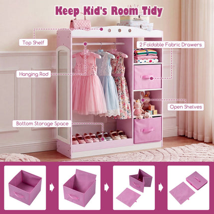 Kids Pink Dress Up Storage with Mirror and Shelves