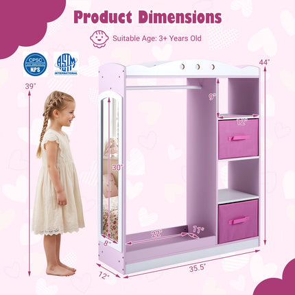 Kids Pink Dress Up Storage with Mirror and Shelves