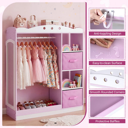 Kids Pink Dress Up Storage with Mirror and Shelves